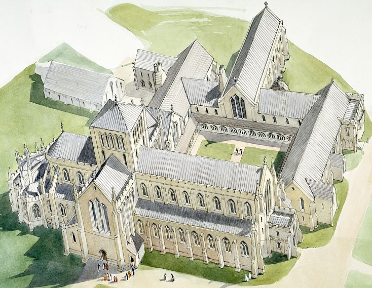 An artist's reconstruction of Hailes Abbey. Drawing by Terry Ball, courtesy of English Heritage 